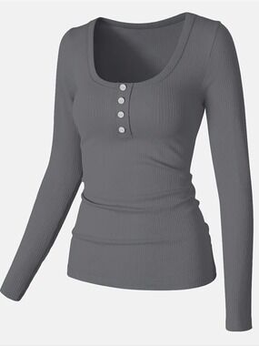 OQQ Women’s Ribbed Long Sleeve Henley Gray Size Large NWOT